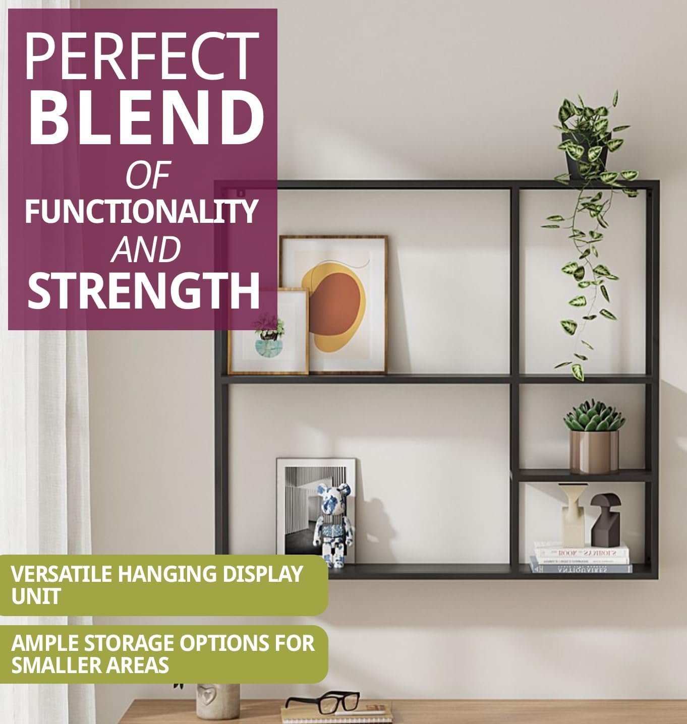 Large Industrial Metal Wall Shelf Unit (100x90cm) | Modern 5-Section Floating Display | Matte Black Heavy-Duty Wall Mounted Shelving