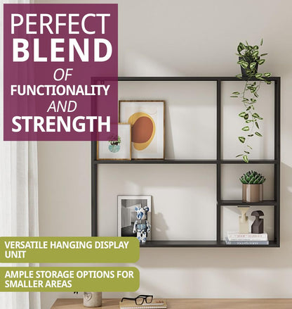 Large Industrial Metal Wall Shelf Unit (100x90cm) | Modern 5-Section Floating Display | Matte Black Heavy-Duty Wall Mounted Shelving
