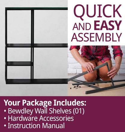 Large Industrial Metal Wall Shelf Unit (100x90cm) | Modern 5-Section Floating Display | Matte Black Heavy-Duty Wall Mounted Shelving