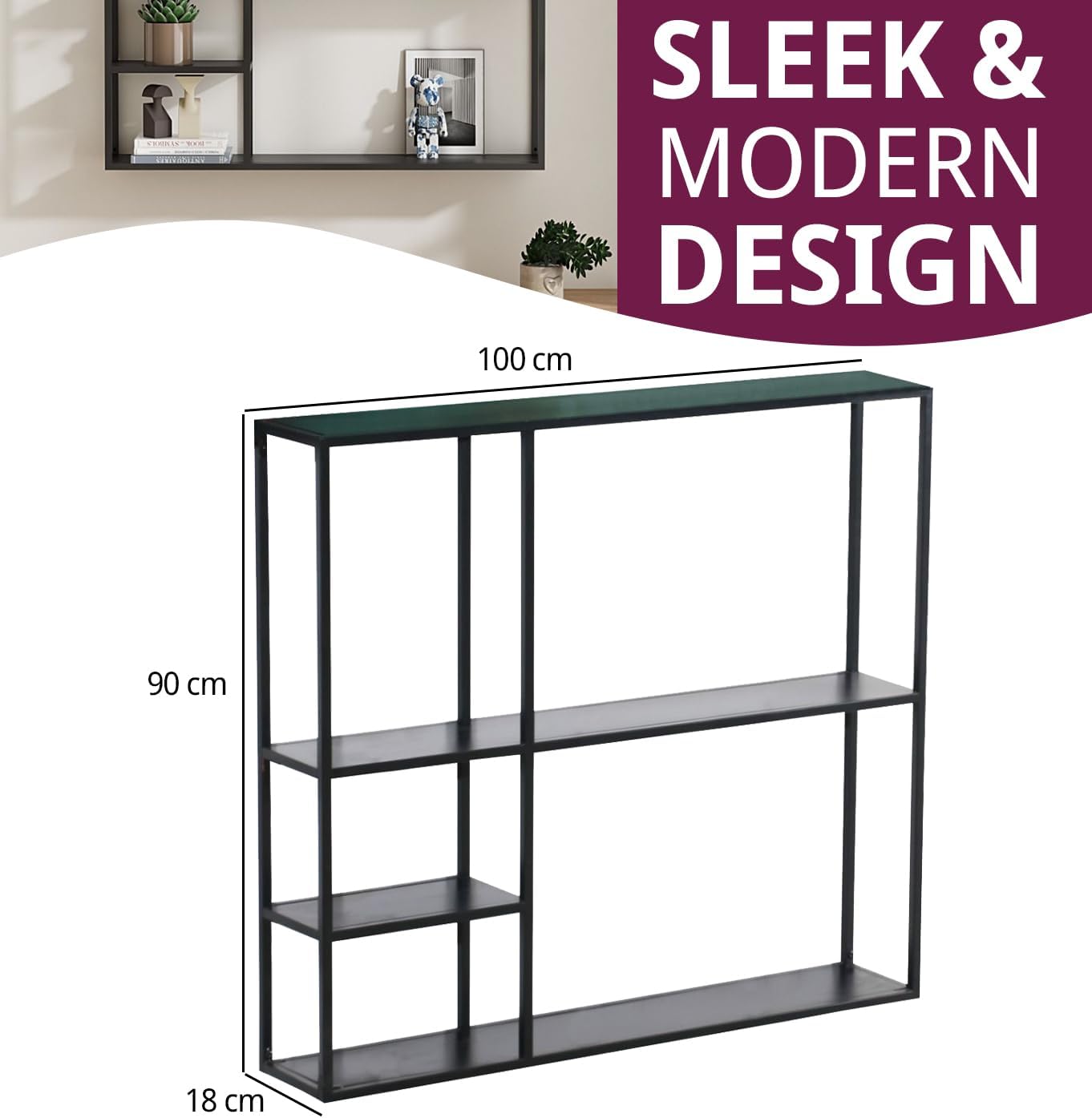 Large Industrial Metal Wall Shelf Unit (100x90cm) | Modern 5-Section Floating Display | Matte Black Heavy-Duty Wall Mounted Shelving