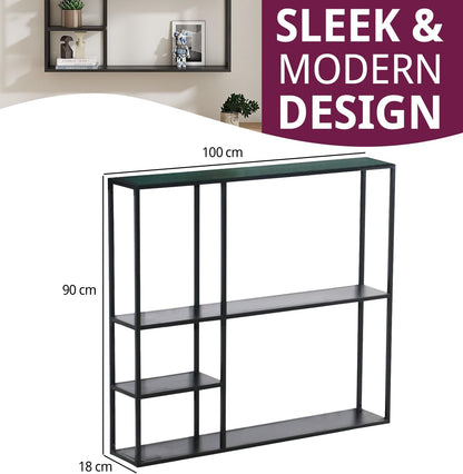 Large Industrial Metal Wall Shelf Unit (100x90cm) | Modern 5-Section Floating Display | Matte Black Heavy-Duty Wall Mounted Shelving