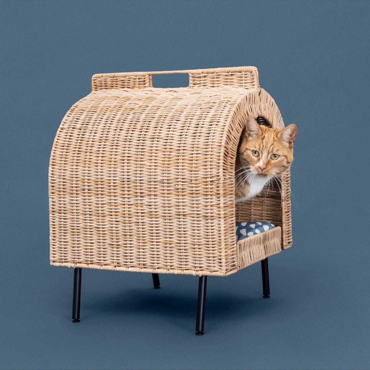 Handcrafted Rattan Elevated Cat House – Luxury Pet Bed with Soft Cushion