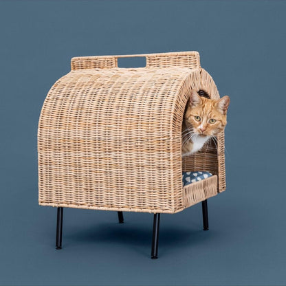 Handcrafted Rattan Elevated Cat House – Luxury Pet Bed with Soft Cushion