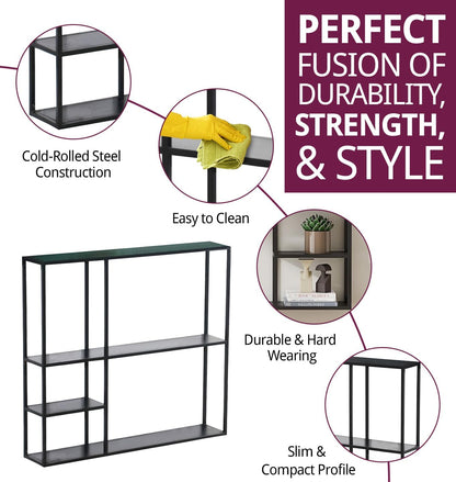 Large Industrial Metal Wall Shelf Unit (100x90cm) | Modern 5-Section Floating Display | Matte Black Heavy-Duty Wall Mounted Shelving