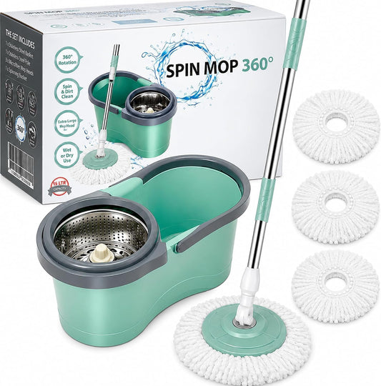 360° Spin Mop & Bucket Set with 3 Microfibre Mop Heads, Adjustable Handle & Stainless Steel Wringer