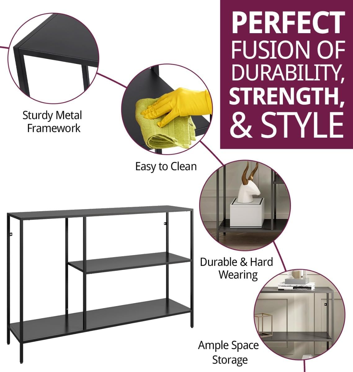 120cm Extra Wide Narrow Console Table | Slim Industrial Hallway Stand | Large Matte Black 2-Tier Entryway Table