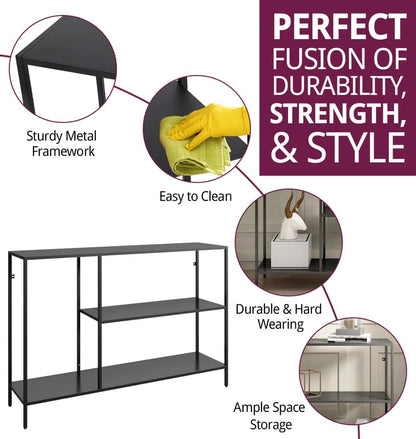 120cm Extra Wide Narrow Console Table | Slim Industrial Hallway Stand | Large Matte Black 2-Tier Entryway Table