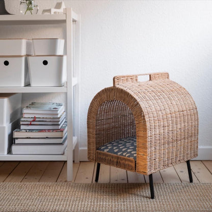 Handcrafted Rattan Elevated Cat House – Luxury Pet Bed with Soft Cushion