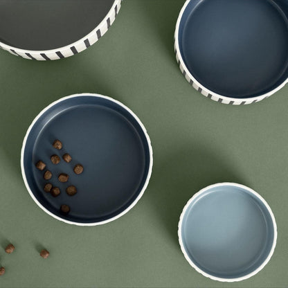Set of 2 Stoneware Pet Bowls – Blue Stripe Design (11cm)