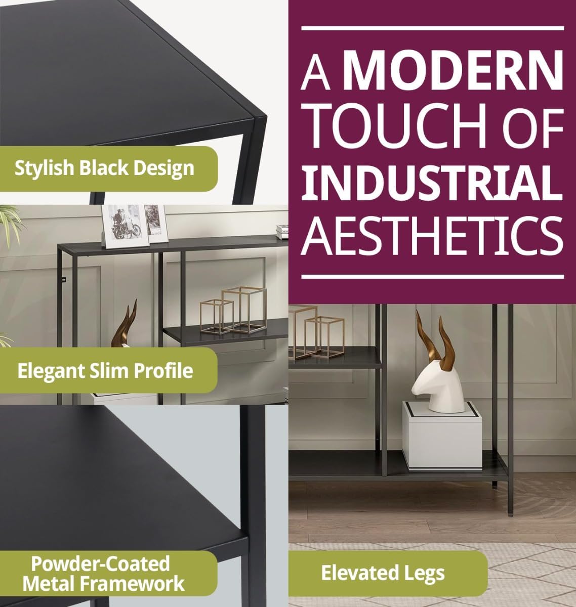 120cm Extra Wide Narrow Console Table | Slim Industrial Hallway Stand | Large Matte Black 2-Tier Entryway Table