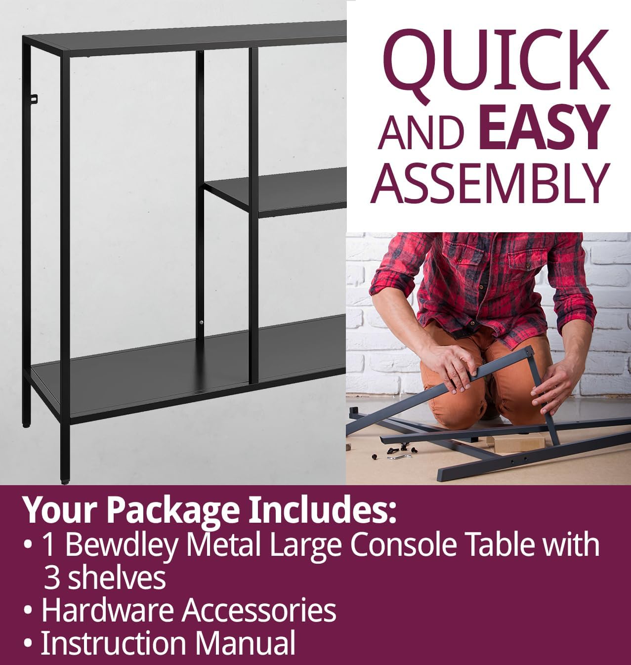 120cm Extra Wide Narrow Console Table | Slim Industrial Hallway Stand | Large Matte Black 2-Tier Entryway Table