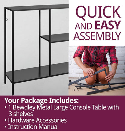 120cm Extra Wide Narrow Console Table | Slim Industrial Hallway Stand | Large Matte Black 2-Tier Entryway Table
