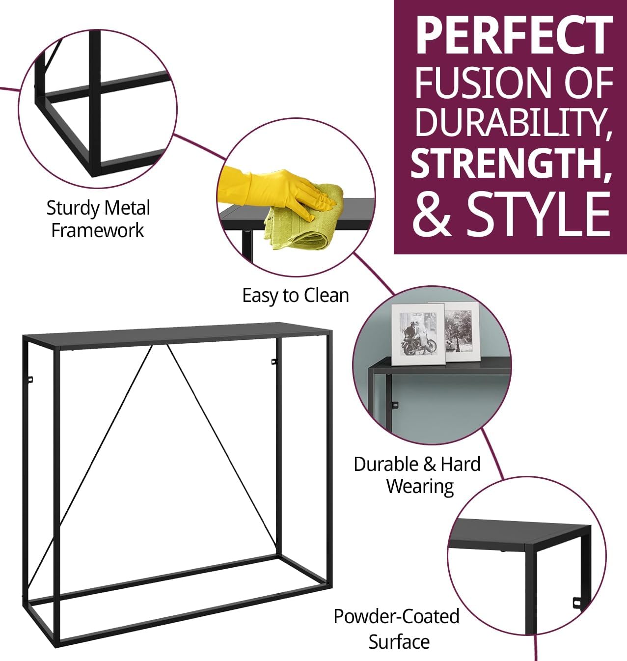 Bewdley Slim Console Table – Modern Matte Black Industrial Entryway Table (90cm)