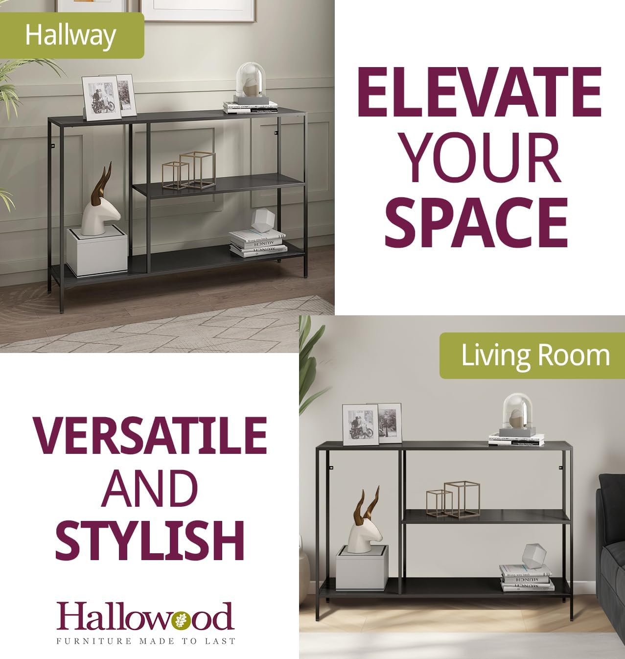120cm Extra Wide Narrow Console Table | Slim Industrial Hallway Stand | Large Matte Black 2-Tier Entryway Table
