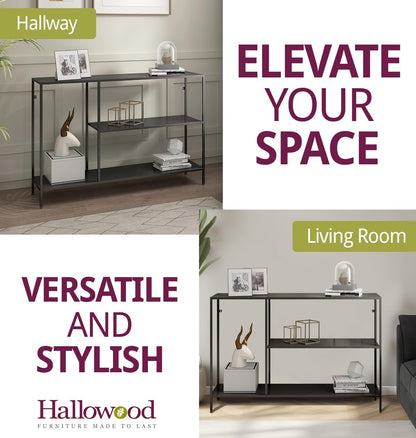 120cm Extra Wide Narrow Console Table | Slim Industrial Hallway Stand | Large Matte Black 2-Tier Entryway Table