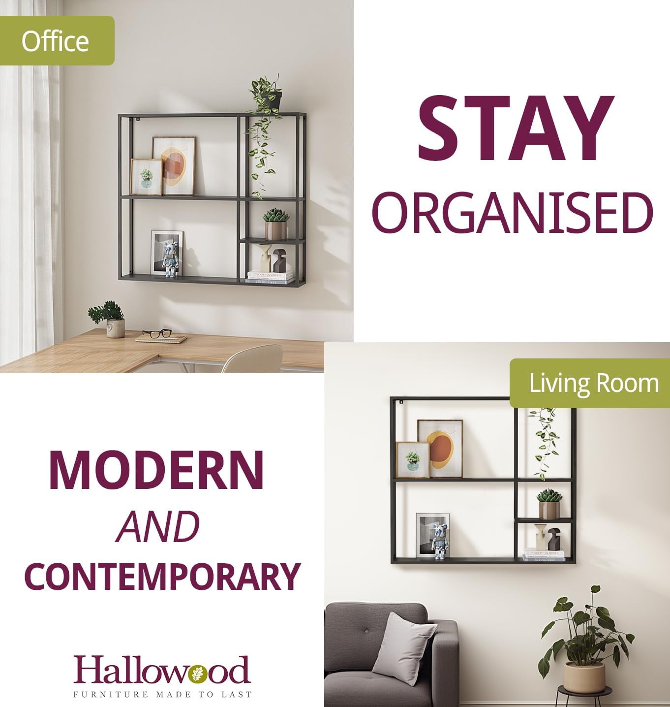 Large Industrial Metal Wall Shelf Unit (100x90cm) | Modern 5-Section Floating Display | Matte Black Heavy-Duty Wall Mounted Shelving