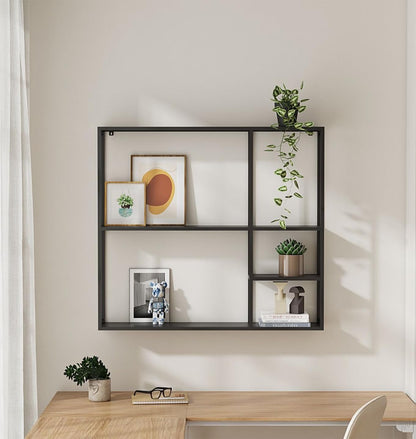 Large Industrial Metal Wall Shelf Unit (100x90cm) | Modern 5-Section Floating Display | Matte Black Heavy-Duty Wall Mounted Shelving