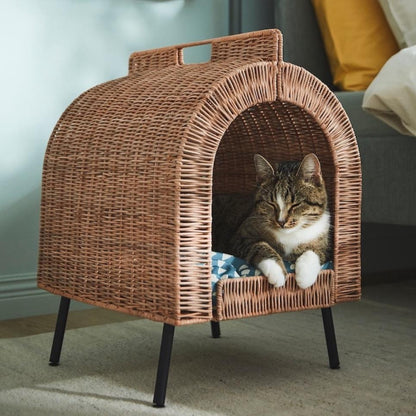Handcrafted Rattan Elevated Cat House – Luxury Pet Bed with Soft Cushion