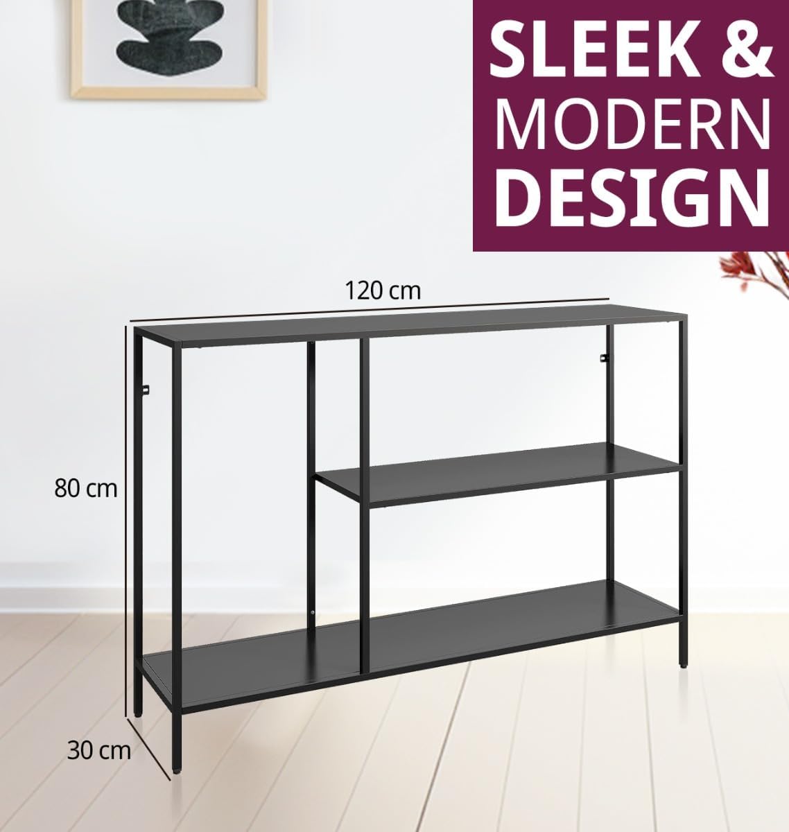 120cm Extra Wide Narrow Console Table | Slim Industrial Hallway Stand | Large Matte Black 2-Tier Entryway Table